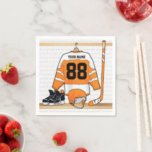 Personalisiertes orange und weißes Eis-Hockey Serviette