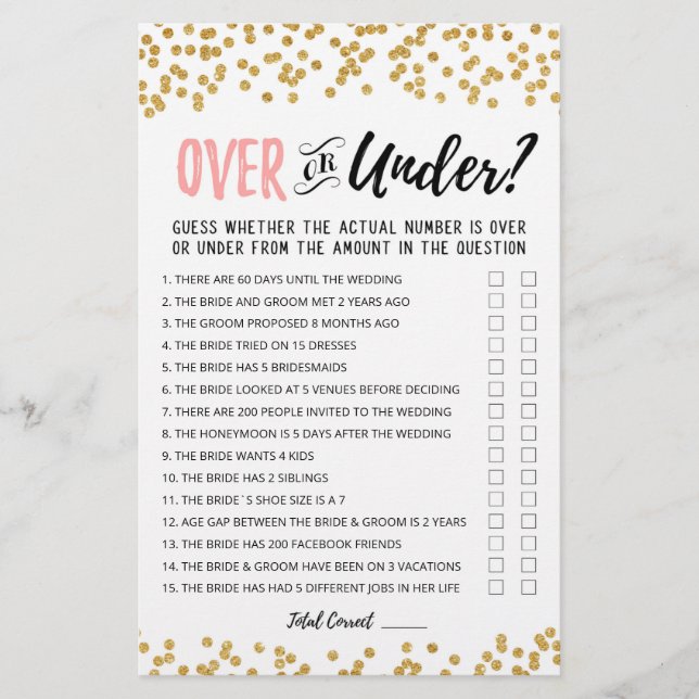 Personalisiertes Over-oder Under-Brautparty-Spiel (Vorderseite)