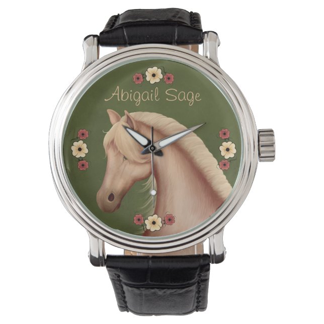 Personalisiertes Palomino und Blume Pferdebeobacht Armbanduhr (Vorderseite)