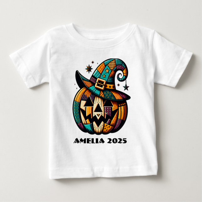 Personalisiertes Patchwork Pumpen Halloween Baby T-shirt (Vorderseite)