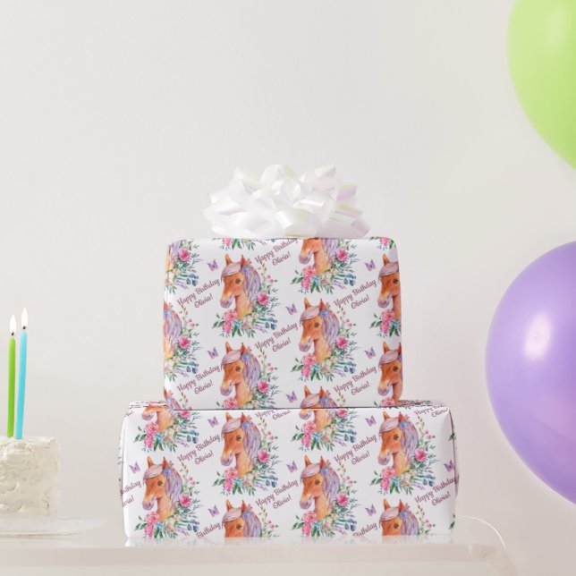 Personalisiertes Pferd mit Blume zum Geburtstag Geschenkpapier (Partygeschenke)