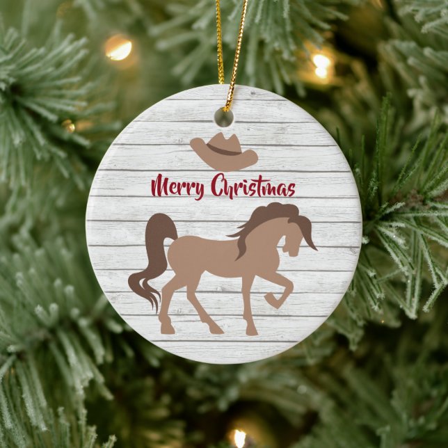 Personalisiertes Pferd und Cowboy Hat frohe Weihna Keramik Ornament (Baum)