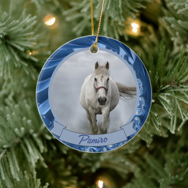 Personalisiertes Pferdefleisch Foto Name Jahr Keramik Ornament (Baum)