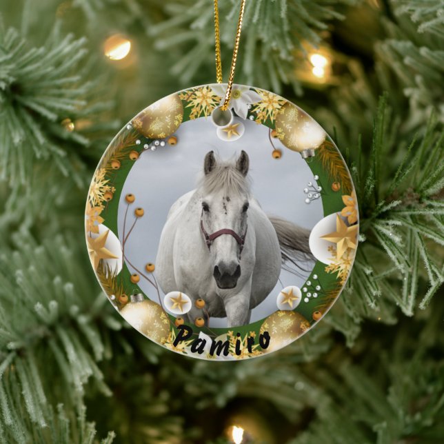 Personalisiertes Pferdefleisch Foto Name Jahr Keramik Ornament (Baum)