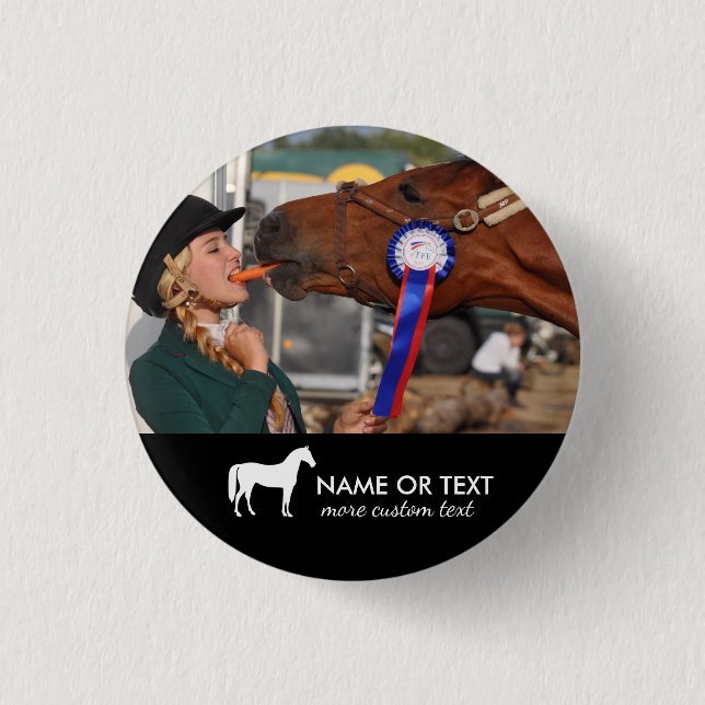 Personalisiertes Pferderuecken-Reitreiter-Foto Button (Vorderseite)