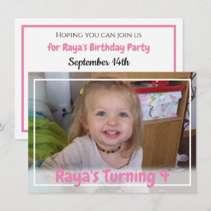 Personalisiertes Pink Girl's Foto Geburtstag Einladung