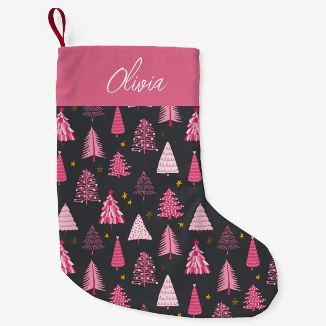 Personalisiertes Pink & Grau Weihnachtsbaummuster Kleiner Weihnachtsstrumpf (Vorderseite)