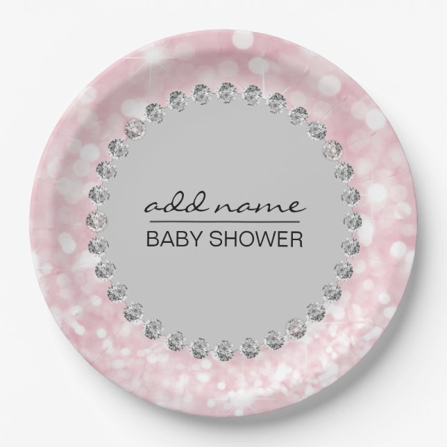Personalisiertes Pink/Gray Baby Duschmädchen Pappteller (Vorderseite)