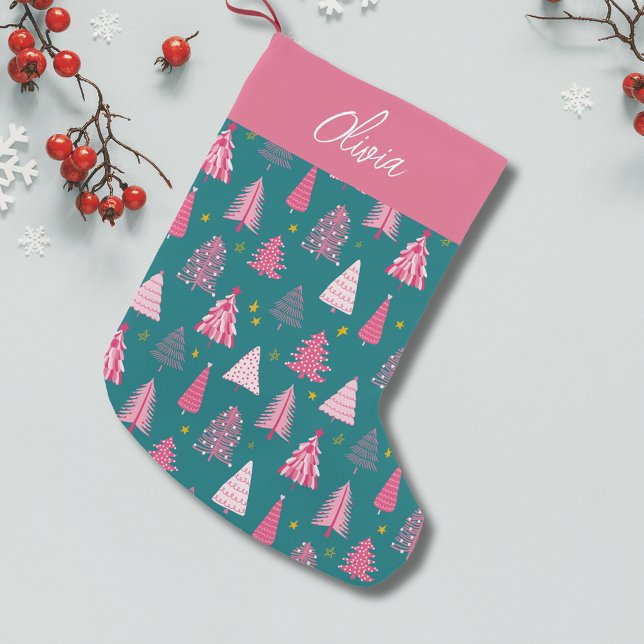 Personalisiertes Pink & Green Weihnachtsbaummuster Kleiner Weihnachtsstrumpf (Pink Christmas tree winter wonderland personalized Christmas stocking)