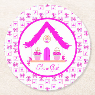 Personalisiertes Pink House Es ist ein Mädchen Runder Pappuntersetzer