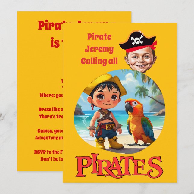 Personalisiertes Piratendesign mit Strand Einladung (Vorne/Hinten)