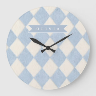 Personalisiertes Preppy Soft Blau Flauschig Argyle Große Wanduhr
