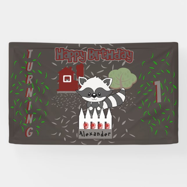 Personalisiertes Raccoon Tierthema Geburtstagspart Banner (Horizontal)