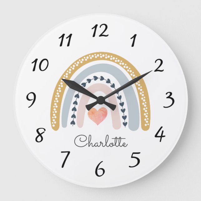 Personalisiertes Rainbow Baby Name Kinderzimmer Große Wanduhr (Vorderseite)
