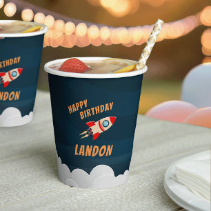 Personalisiertes Raketenschiff zum Geburtstag Pappbecher