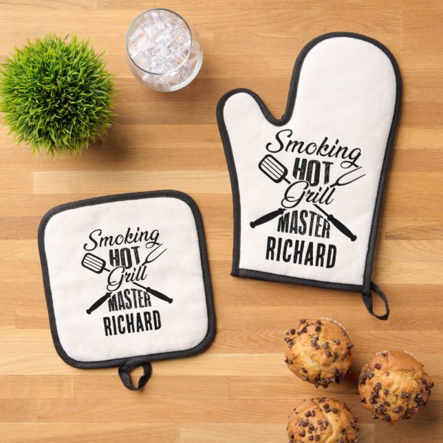 Personalisiertes Rauchen - Hot Grill Master Ofenhandschuh & Topflappen-Set (Oben Unten)