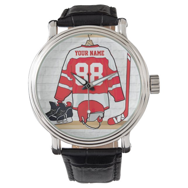 Personalisiertes Red and White Ice Hockey Jersey Armbanduhr (Vorderseite)
