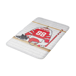 Personalisiertes Red and White Ice Hockey Jersey Badematte