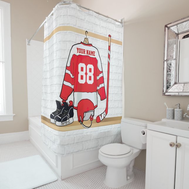 Personalisiertes Red and White Ice Hockey Jersey Duschvorhang (Beispiel)