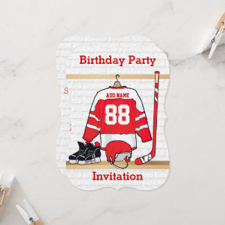 Personalisiertes Red and White Ice Hockey Jersey Einladung