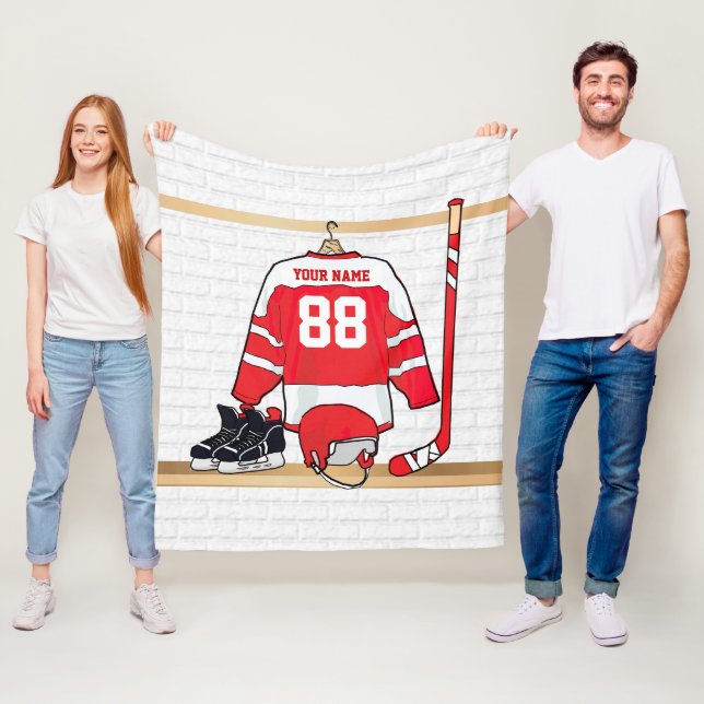Personalisiertes Red and White Ice Hockey Jersey Fleecedecke (Beispiel)