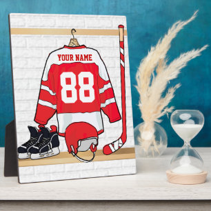 Personalisiertes Red and White Ice Hockey Jersey Fotoplatte