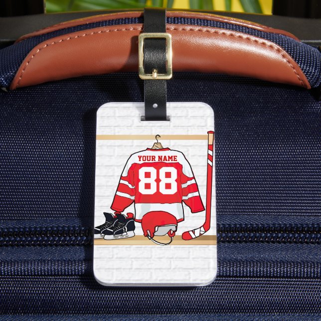 Personalisiertes Red and White Ice Hockey Jersey Gepäckanhänger (Vorderseite Insitu 2)