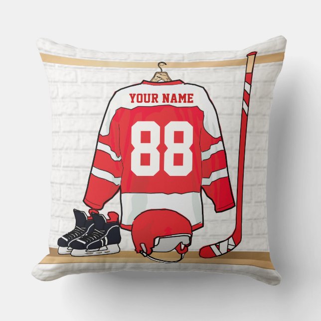 Personalisiertes Red and White Ice Hockey Jersey Kissen (Vorderseite)