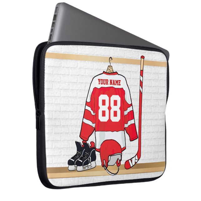 Personalisiertes Red and White Ice Hockey Jersey Laptopschutzhülle (Vorne Rechts)
