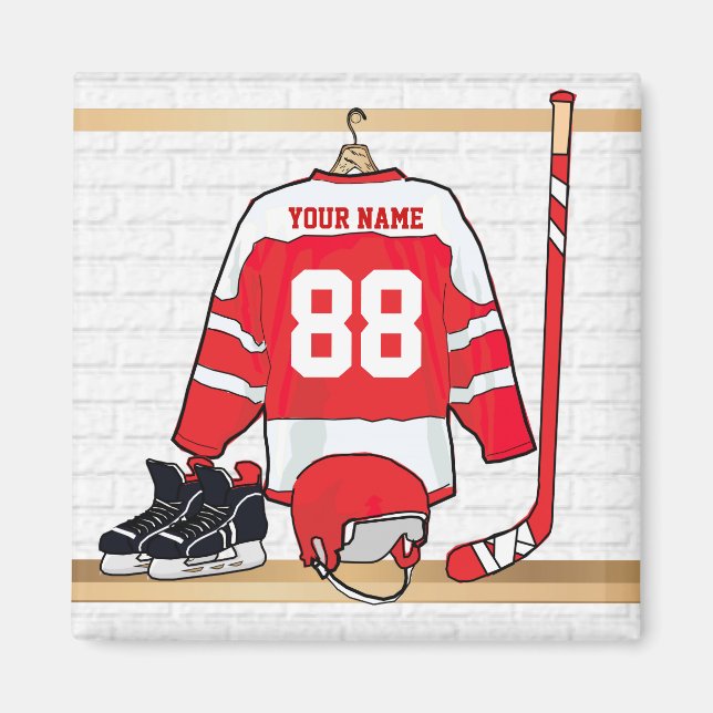 Personalisiertes Red and White Ice Hockey Jersey Magnet (Vorne)