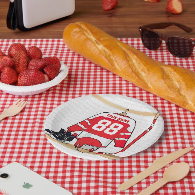 Personalisiertes Red and White Ice Hockey Jersey Pappteller (Picknick)