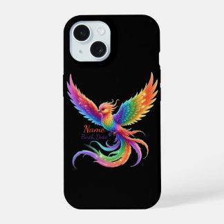 Personalisiertes Regenbogen-Phönix-Name-Geburtsdat iPhone 15 Hülle