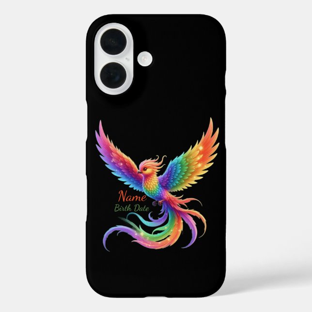 Personalisiertes Regenbogen-Phönix-Name-Geburtsdat iPhone 16 Hülle (Rückseite)