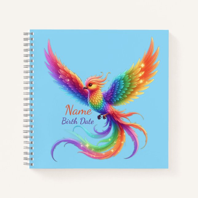 Personalisiertes Regenbogen-Phönix-Name-Geburtsdat Notizbuch (Vorderseite)