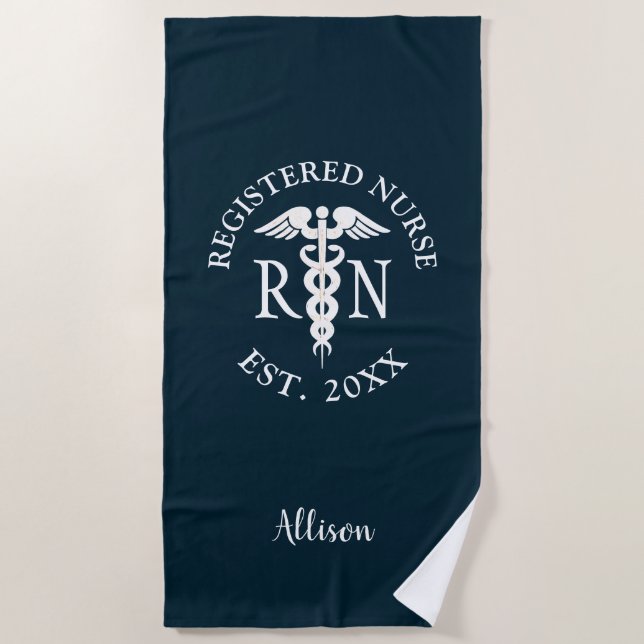 Personalisiertes registriertes Nurse Blue White Ca Strandtuch (Vorderseite)