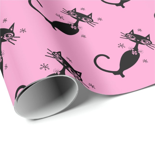 Personalisiertes Retro Atomic Black Cat Wrapping P Geschenkpapier (Rolleneckpunkt)