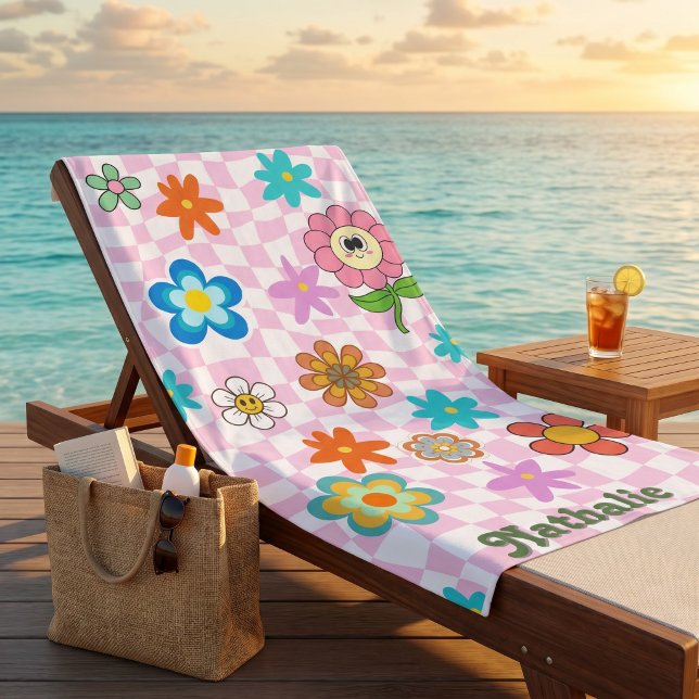 Personalisiertes Retro Beach Handtuch | Blumengesc (Personalized Pink Retro Beach Towel | Floral Name Gift)