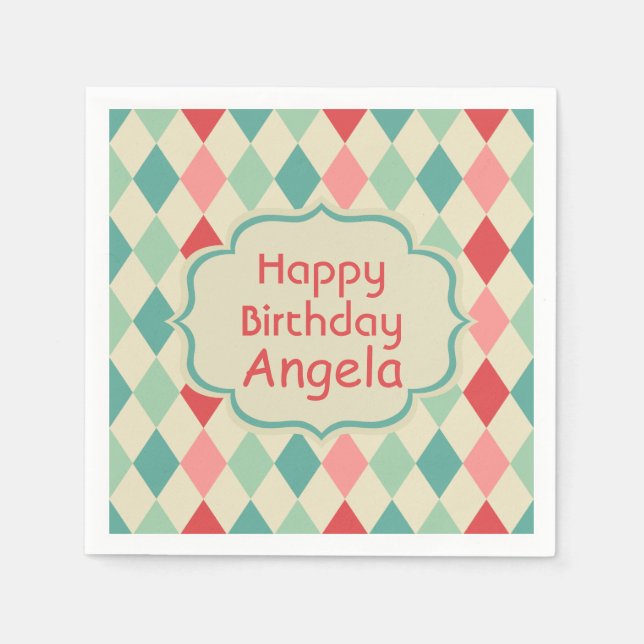 Personalisiertes Retro Harlequin Geometric Muster Serviette (Vorderseite)