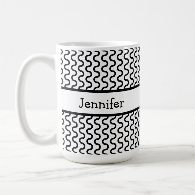 Personalisiertes Retro-Wellenmuster in Weiß und Sc Kaffeetasse (Links)
