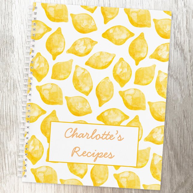 Personalisiertes Rezept für Wasserfarben Notizbuch (Watercolor lemon pattern personalized name recipe book)