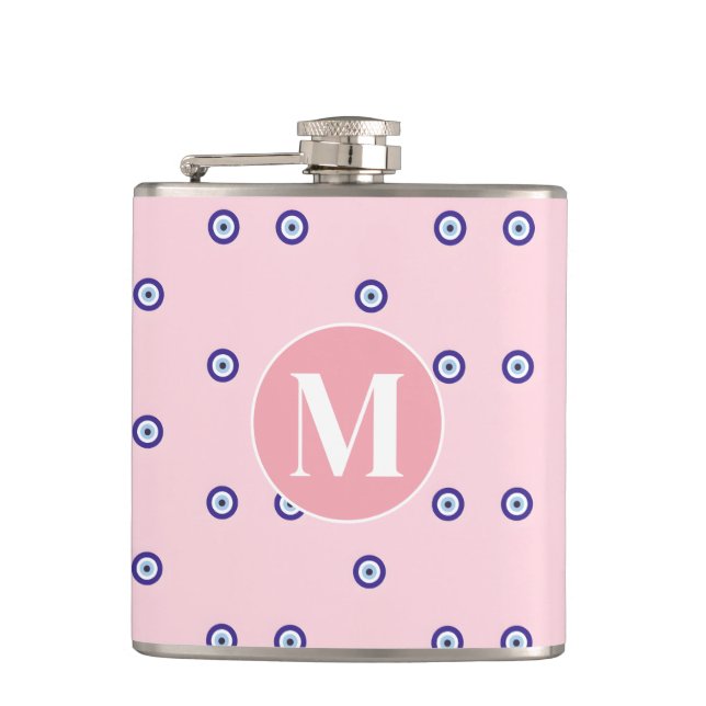 Personalisiertes Rosa Böser Blick Muster Monogramm Flachmann (Vorderseite)