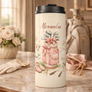 Personalisiertes rosa Coquette-Golf-Monogramm Thermosbecher