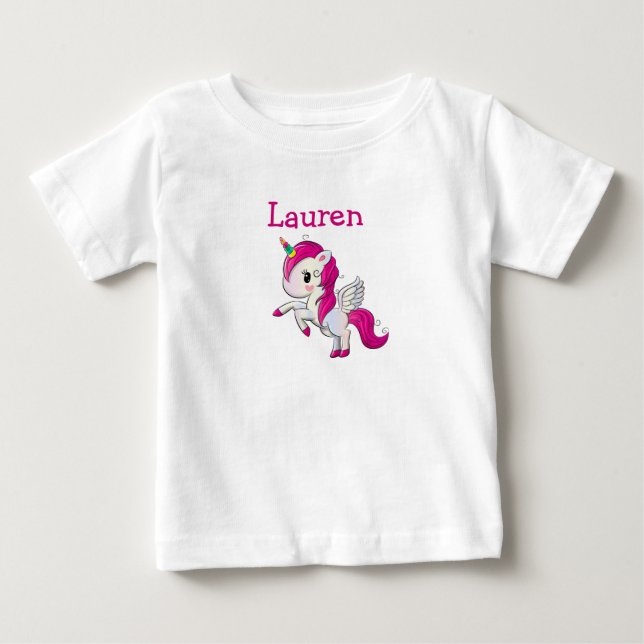 Personalisiertes Rosa Einhorn Girl's Name Shirt (Vorderseite)