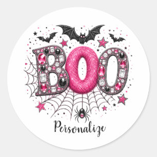 Personalisiertes rosa falsches Juwel Boo Spooky Ha Runder Aufkleber