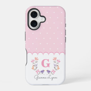 Personalisiertes rosa florales Punkte-Monogramm iPhone 16 Hülle