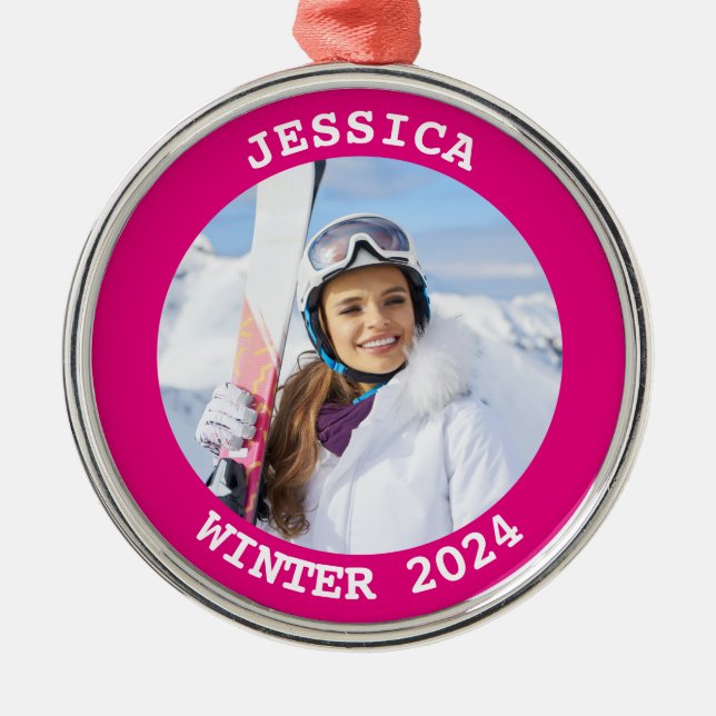Personalisiertes, rosa Foto Ornament Aus Metall (Vorne)