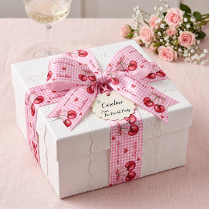 Personalisiertes Rosa-Gingham-Kirsch-Brautpaar Satinband
