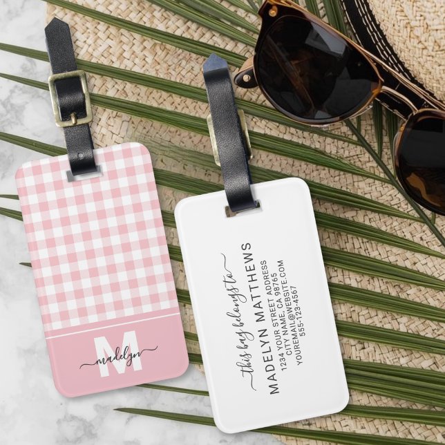 Personalisiertes Rosa-Gingham-Monogramm Gepäckanhänger (Personalized Blush Pink Gingham Monogram Luggage Tag )