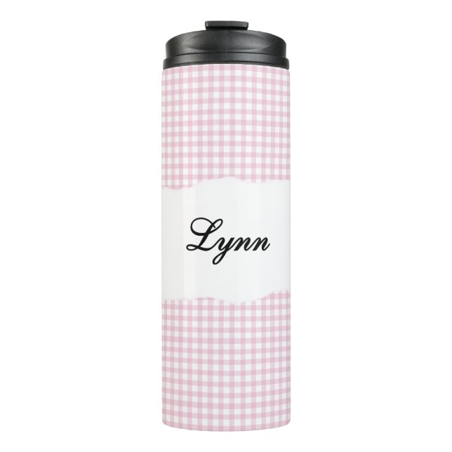 Personalisiertes Rosa Gingham-Muster Thermosbecher (Vorderseite)