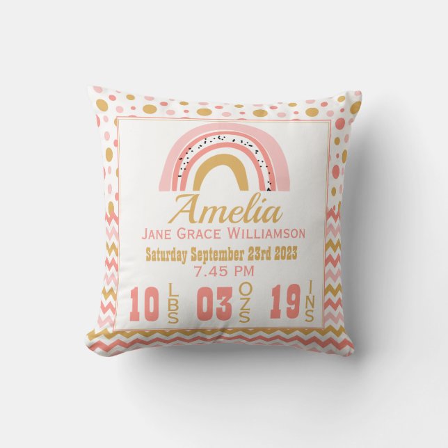 Personalisiertes Rosa Gold Rainbow Birth Stats Kin Kissen (Vorderseite)